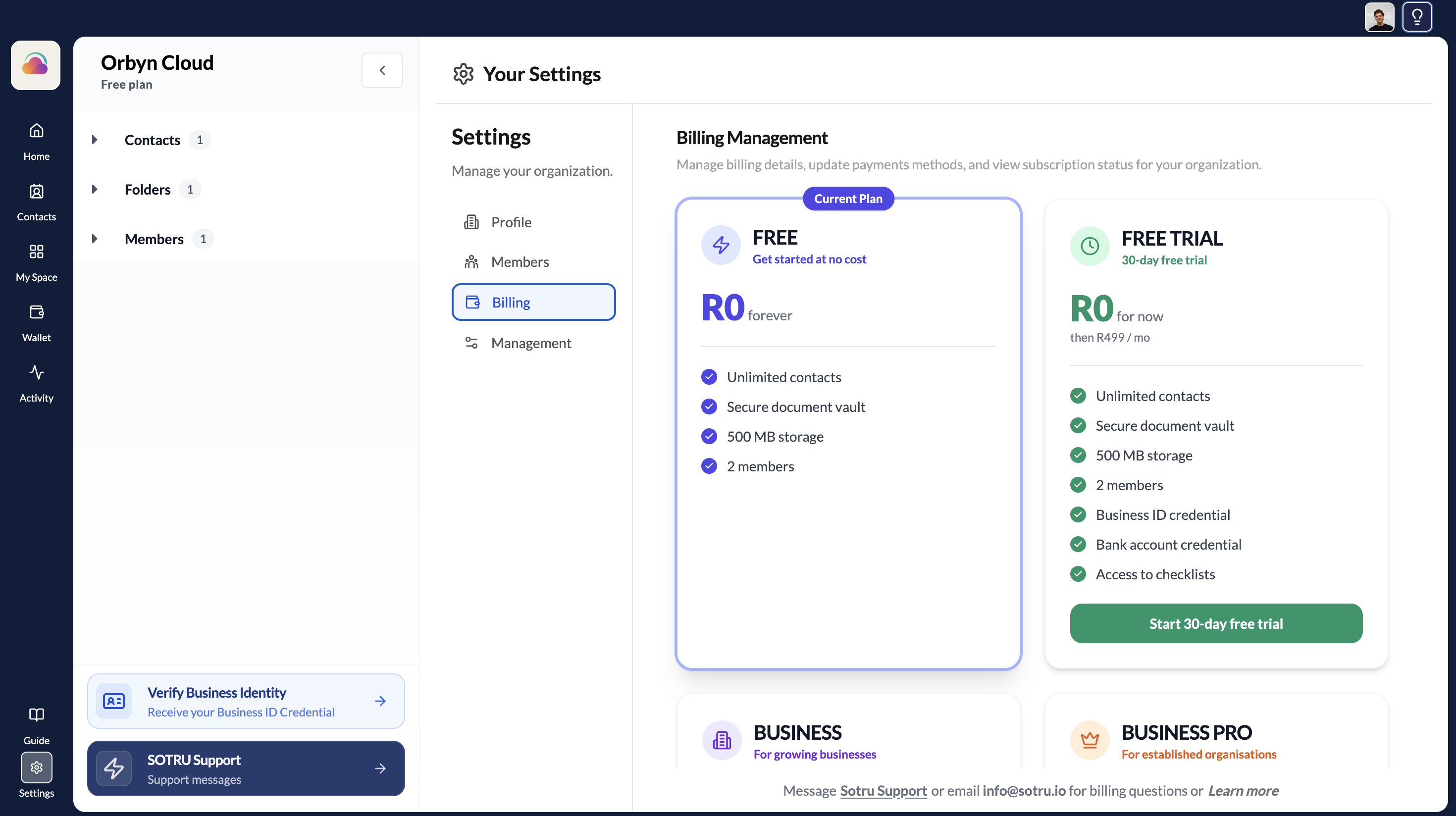 Billing settings page showing current plan and subscription details