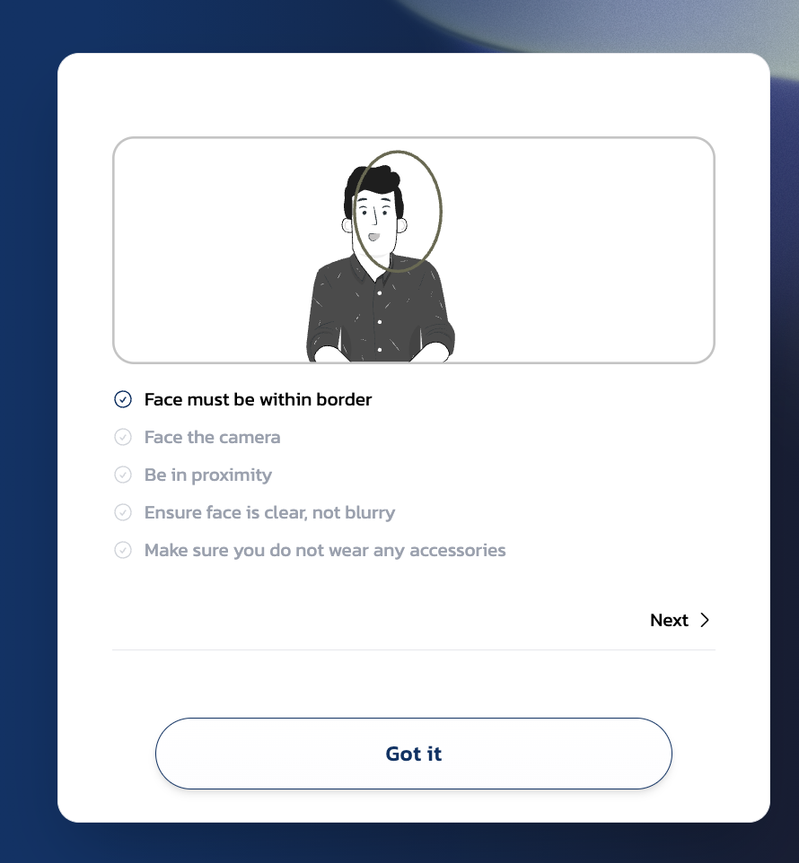 Liveness check requirements screen