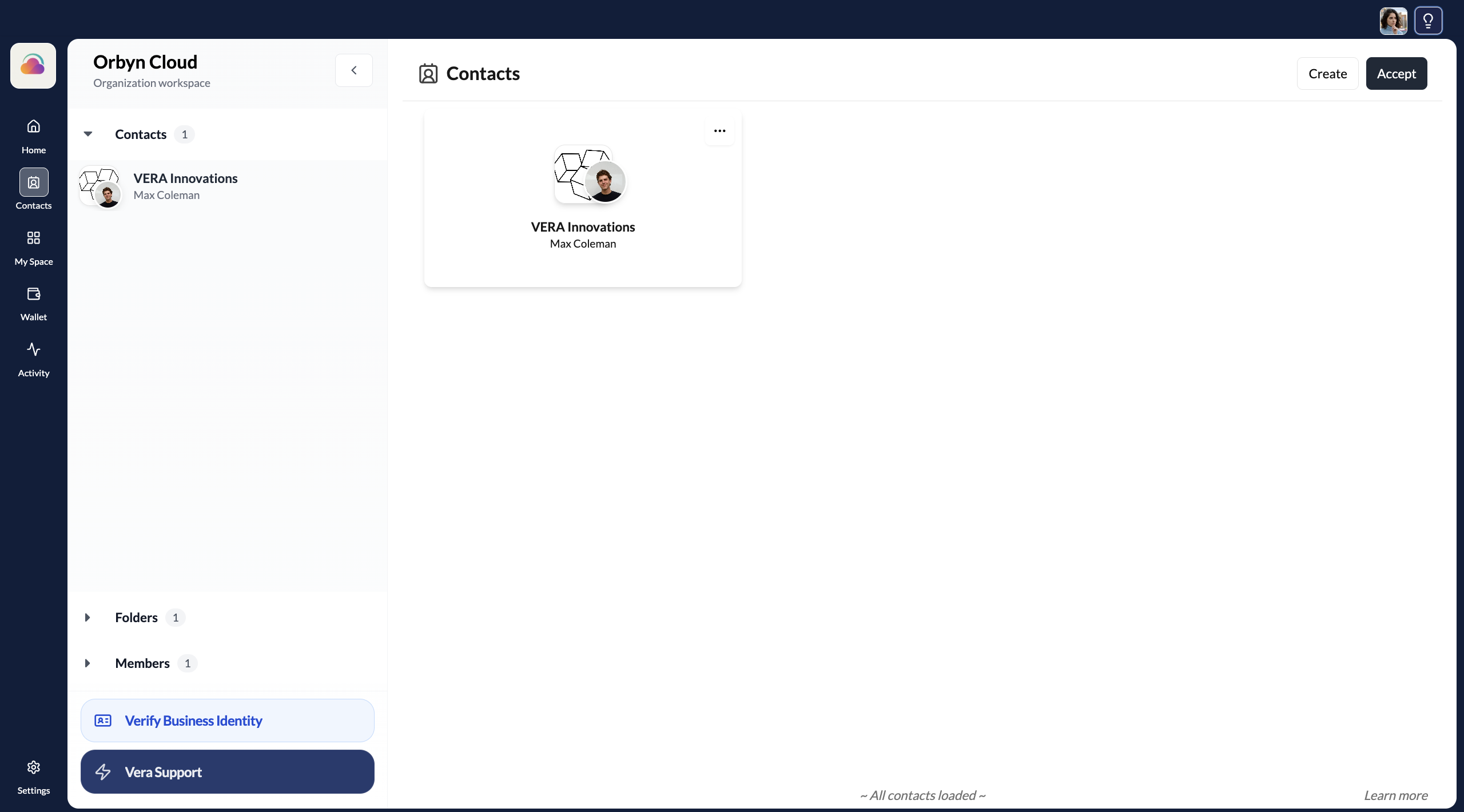The Contacts page showing connected contacts as cards