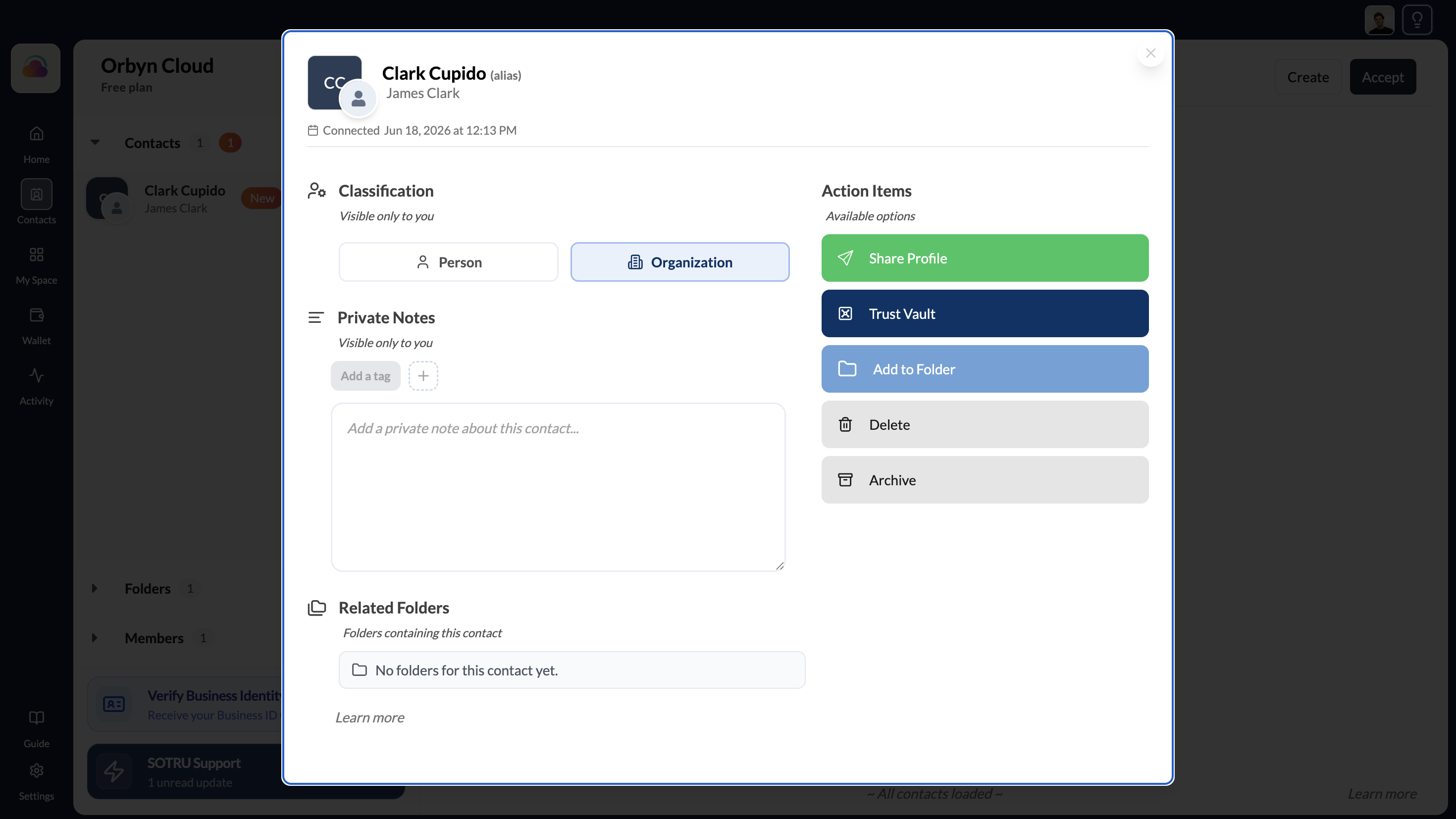 The contact profile modal with Private Notes on the left and Action Items on the right