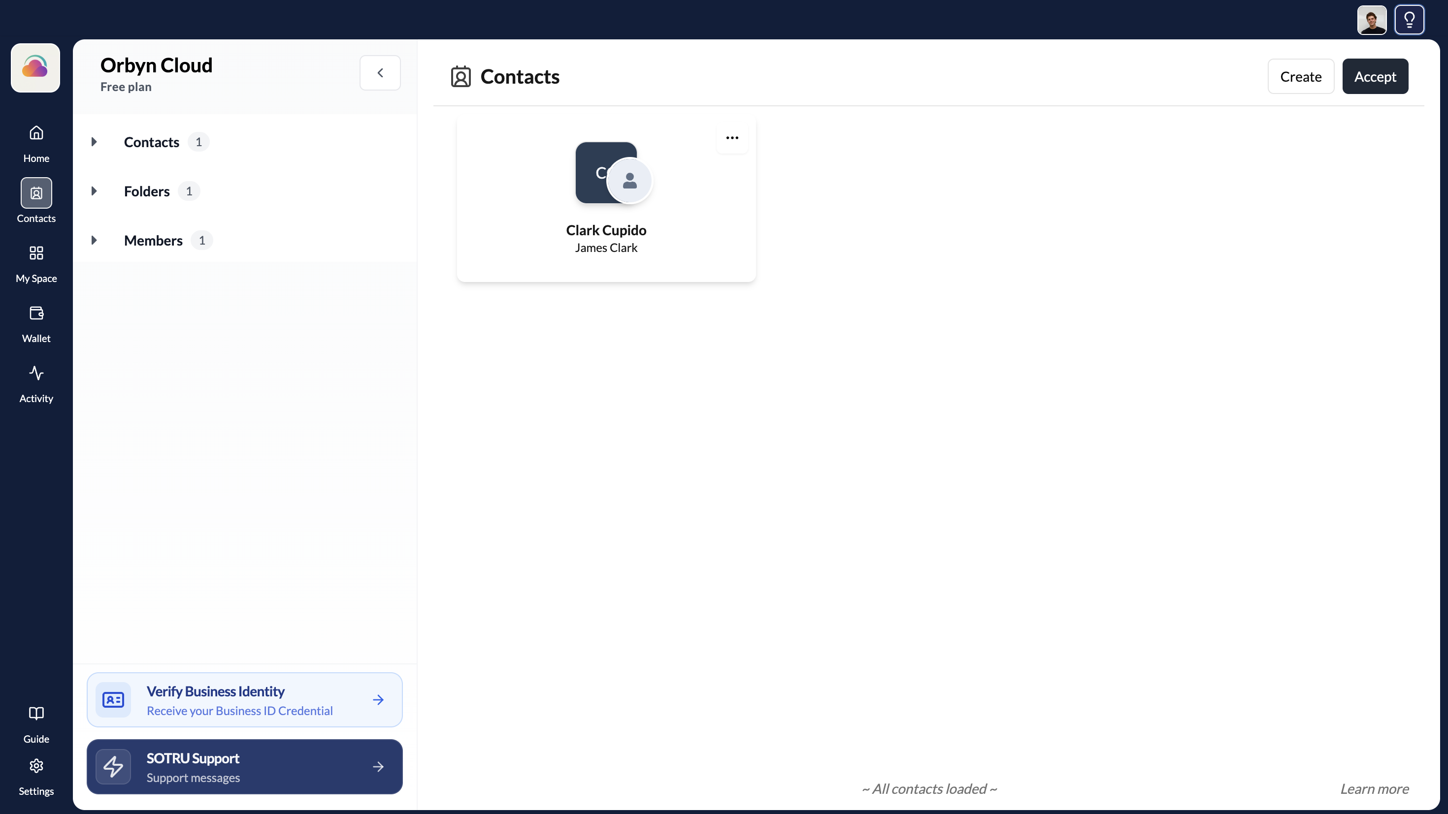 The Contacts page showing connected contacts as cards