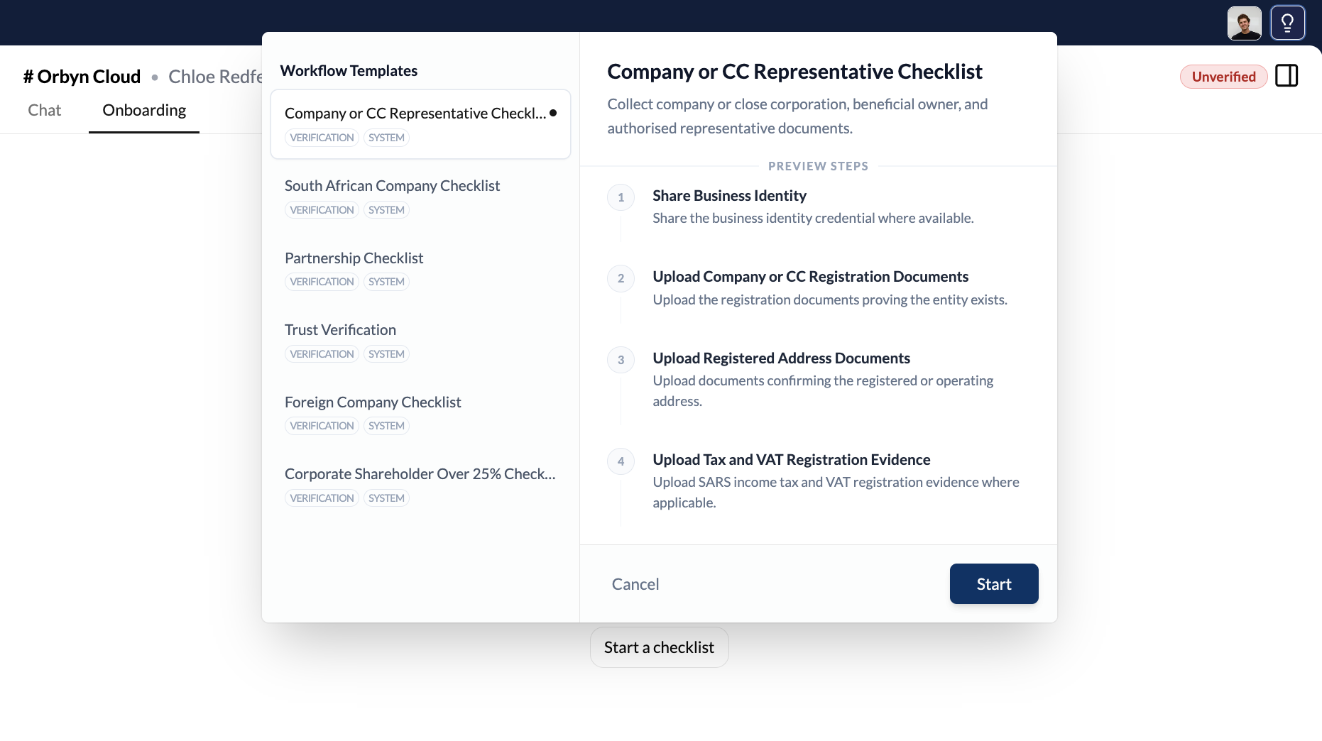 Checklist selector modal with templates on the left and step preview on the right