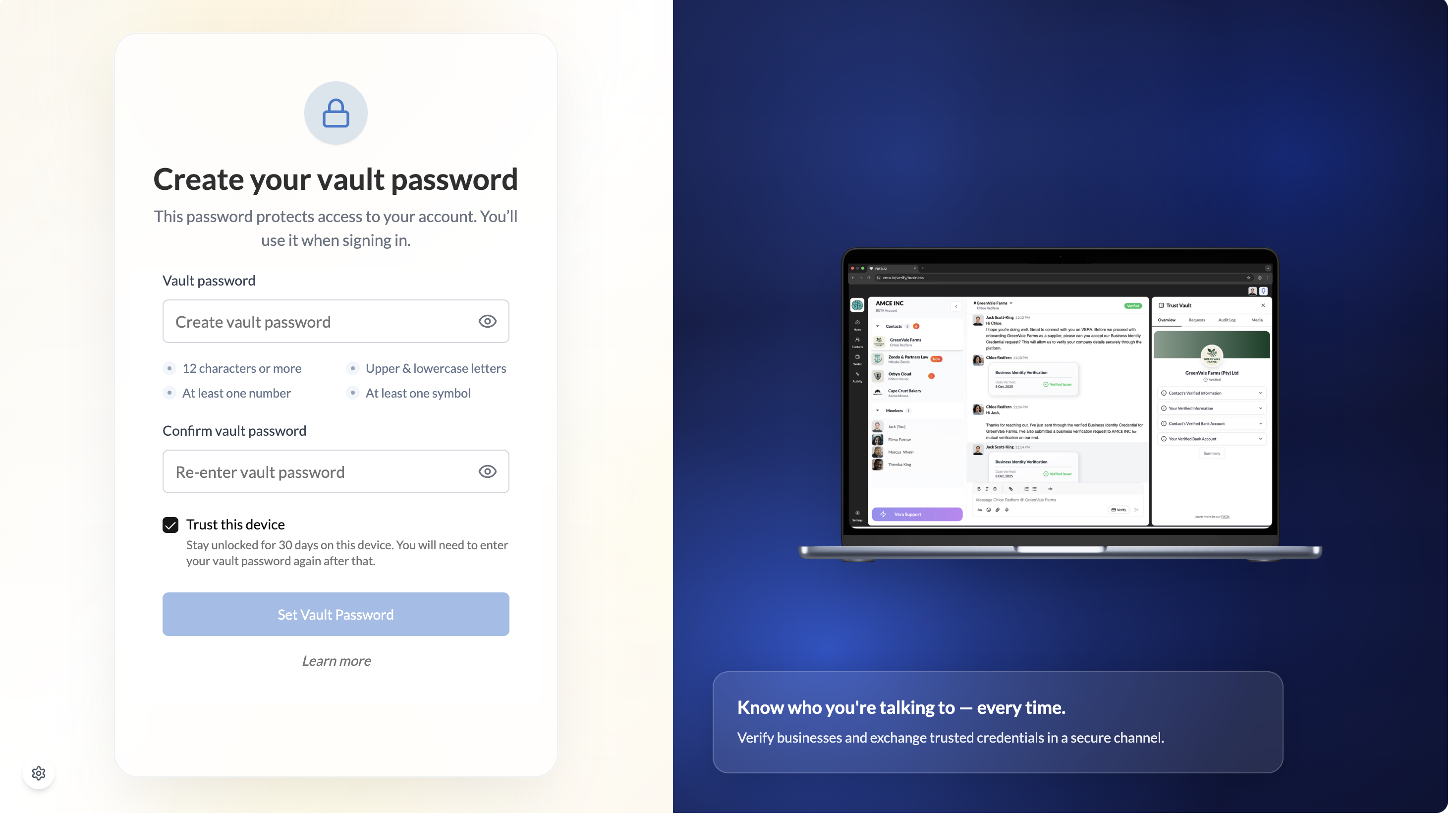Create vault password screen
