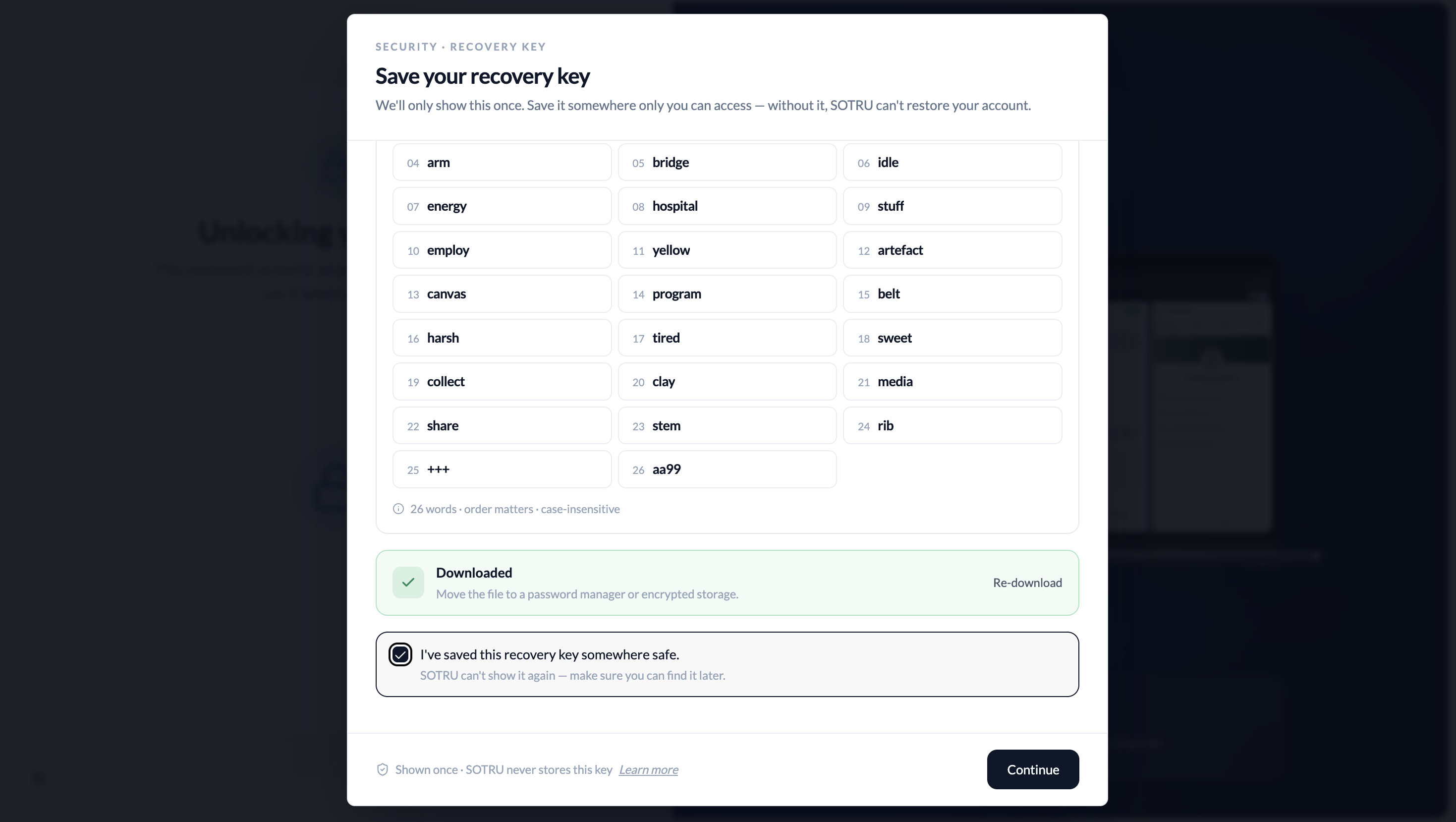 Recovery key explanation screen