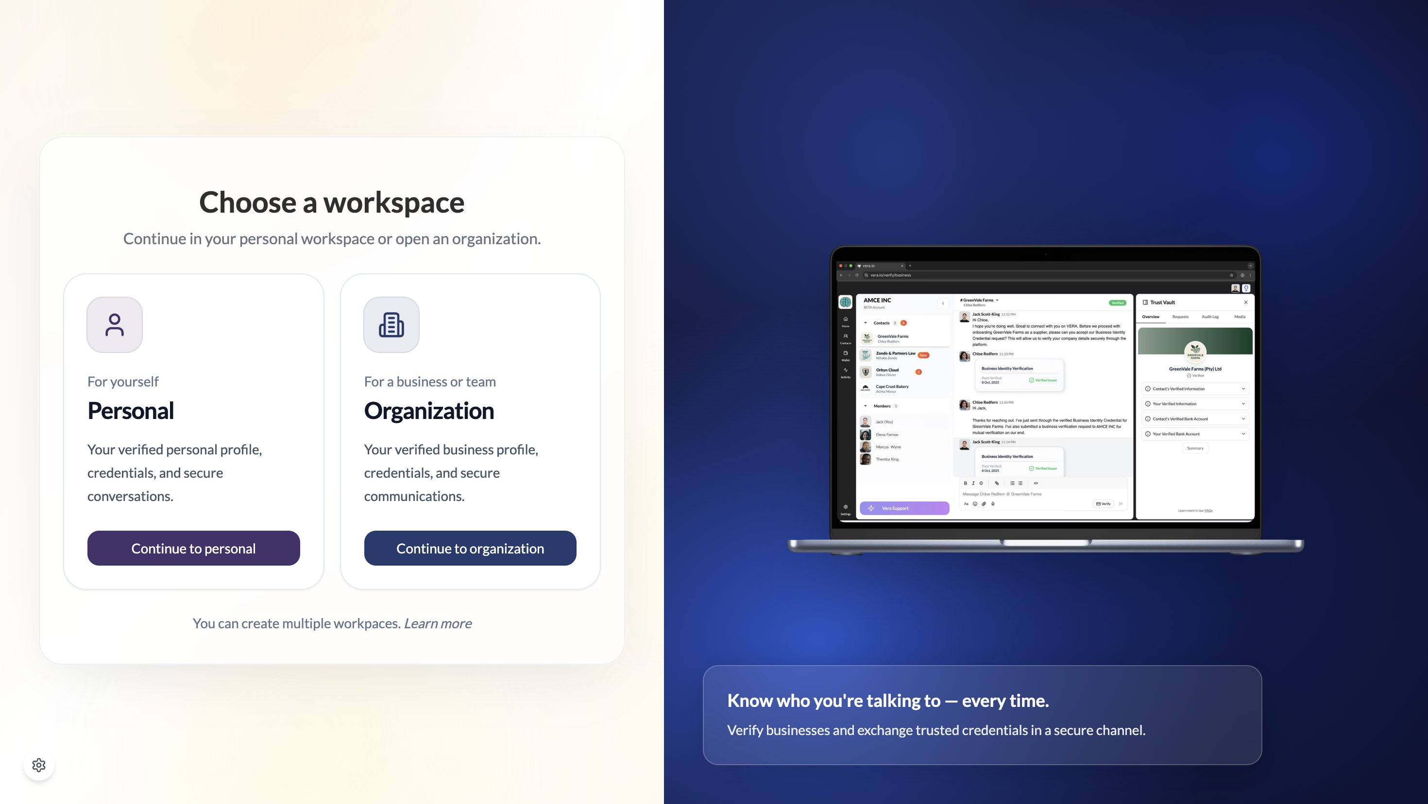 Workspace selection screen — Personal or Organisation