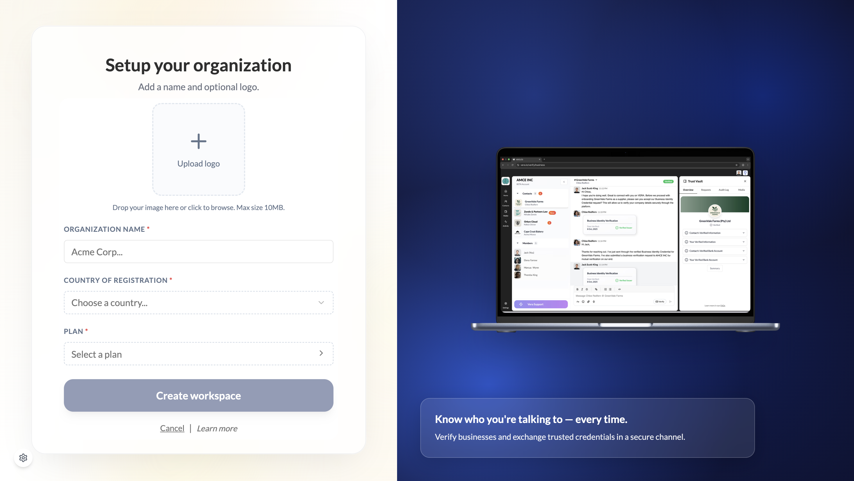 Organisation setup form showing logo upload, name, country of registration, and plan selection