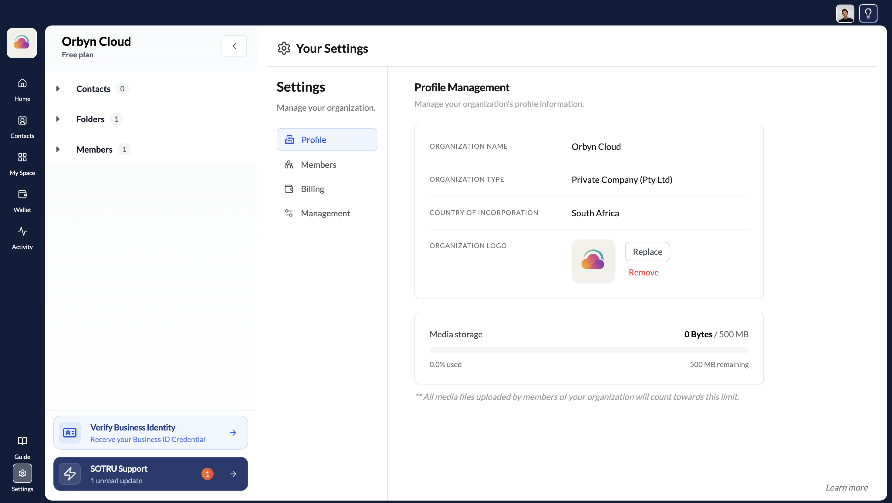 Organisation settings option in sidebar
