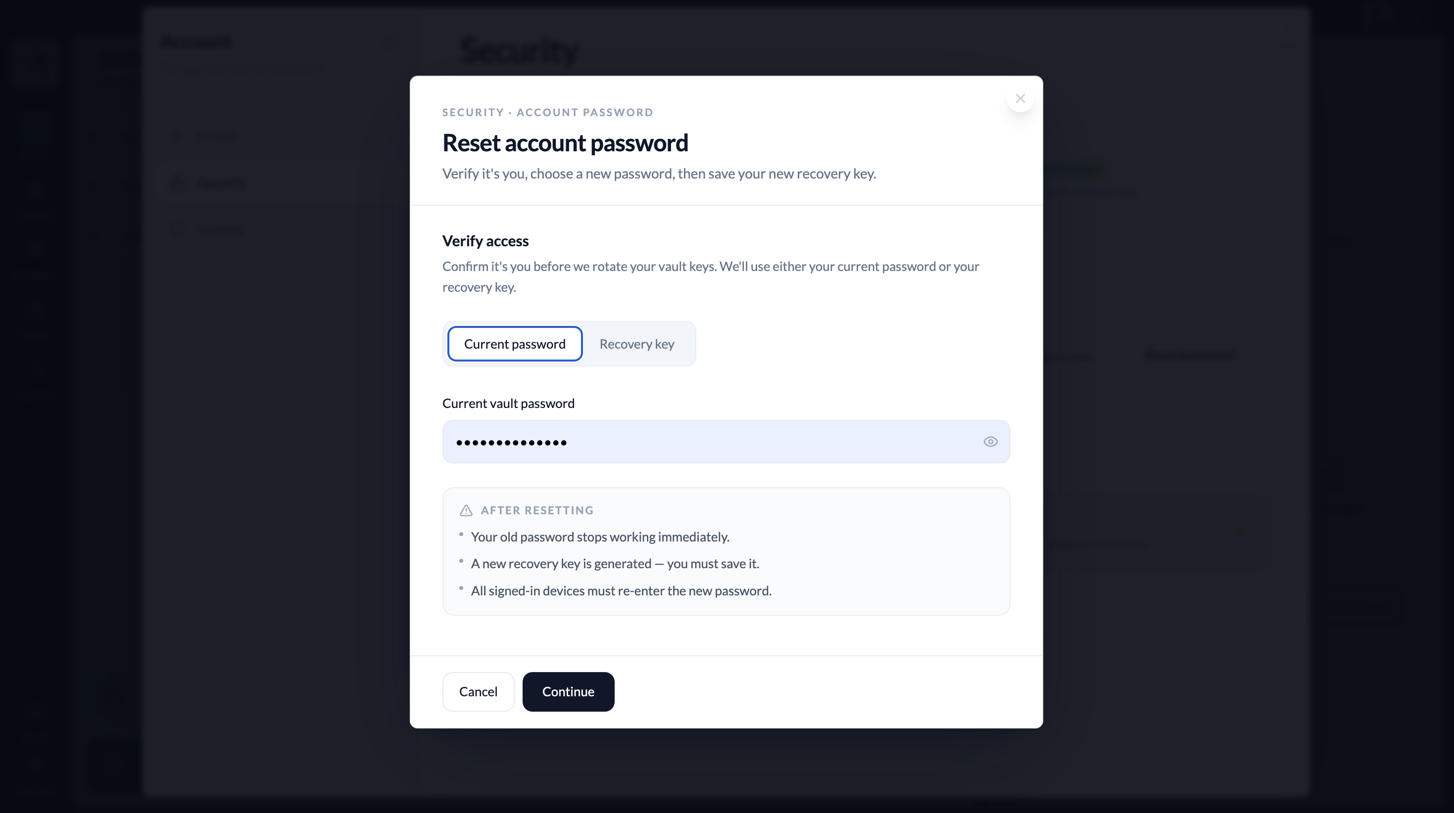 Vault password reset flow