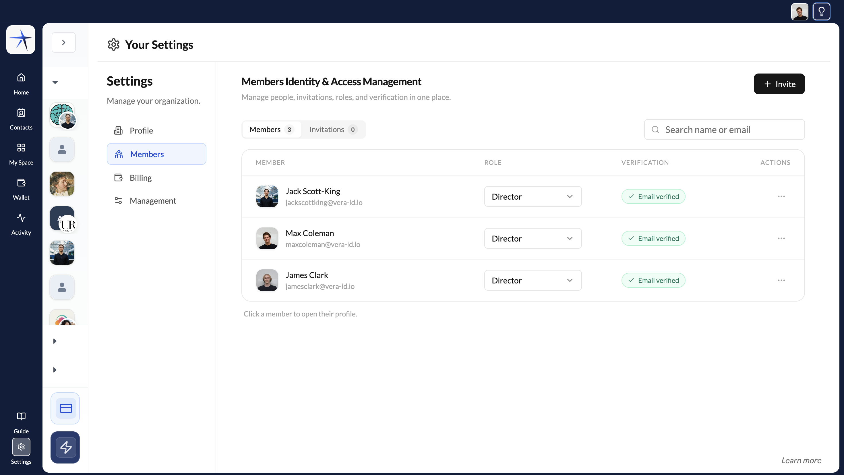 Invite team members form showing email field, role selector, and existing members list