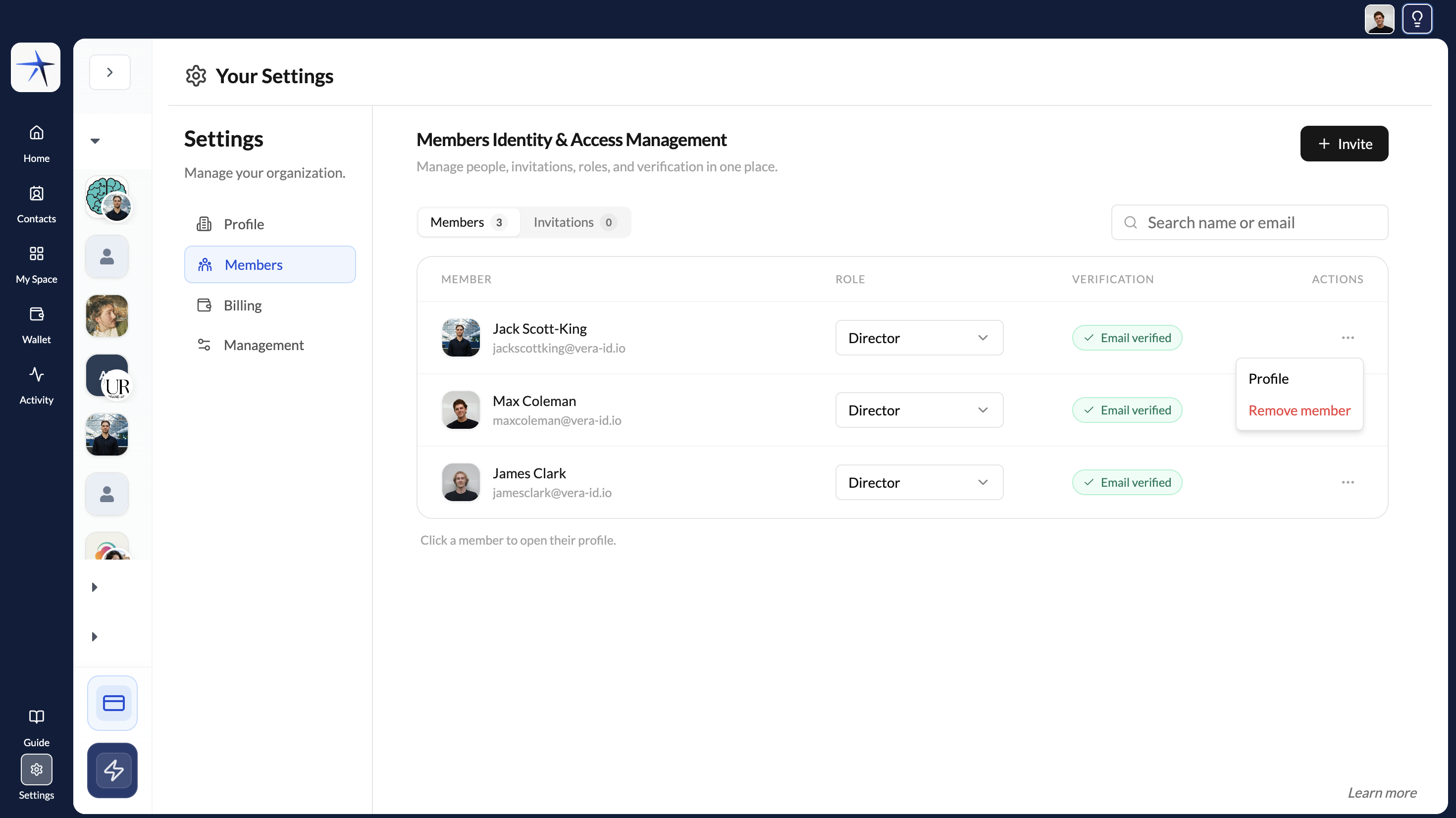 Members table with the overflow menu open showing Profile and Remove member options