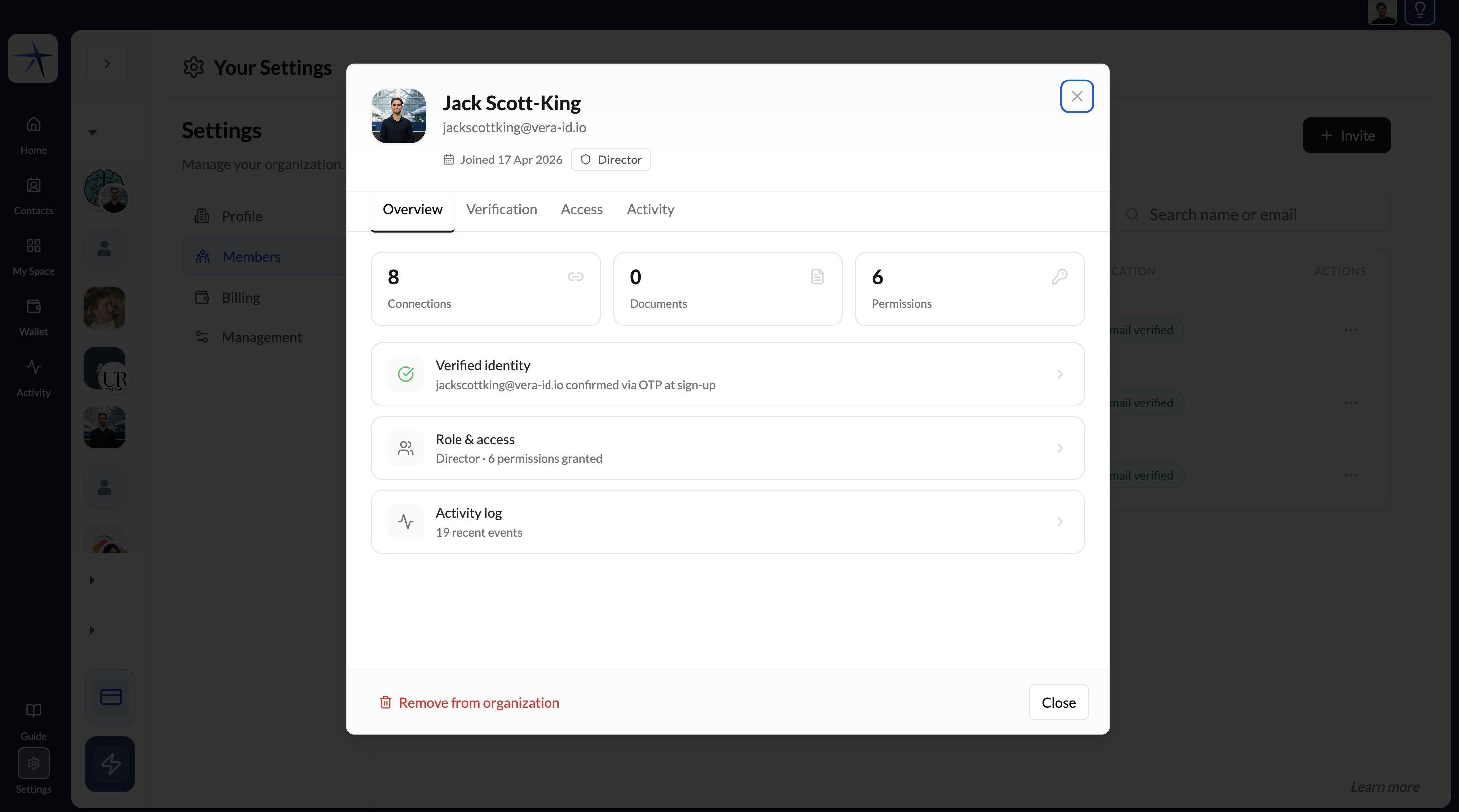 Member profile modal on the Overview tab showing connections, documents, permissions, and status sections