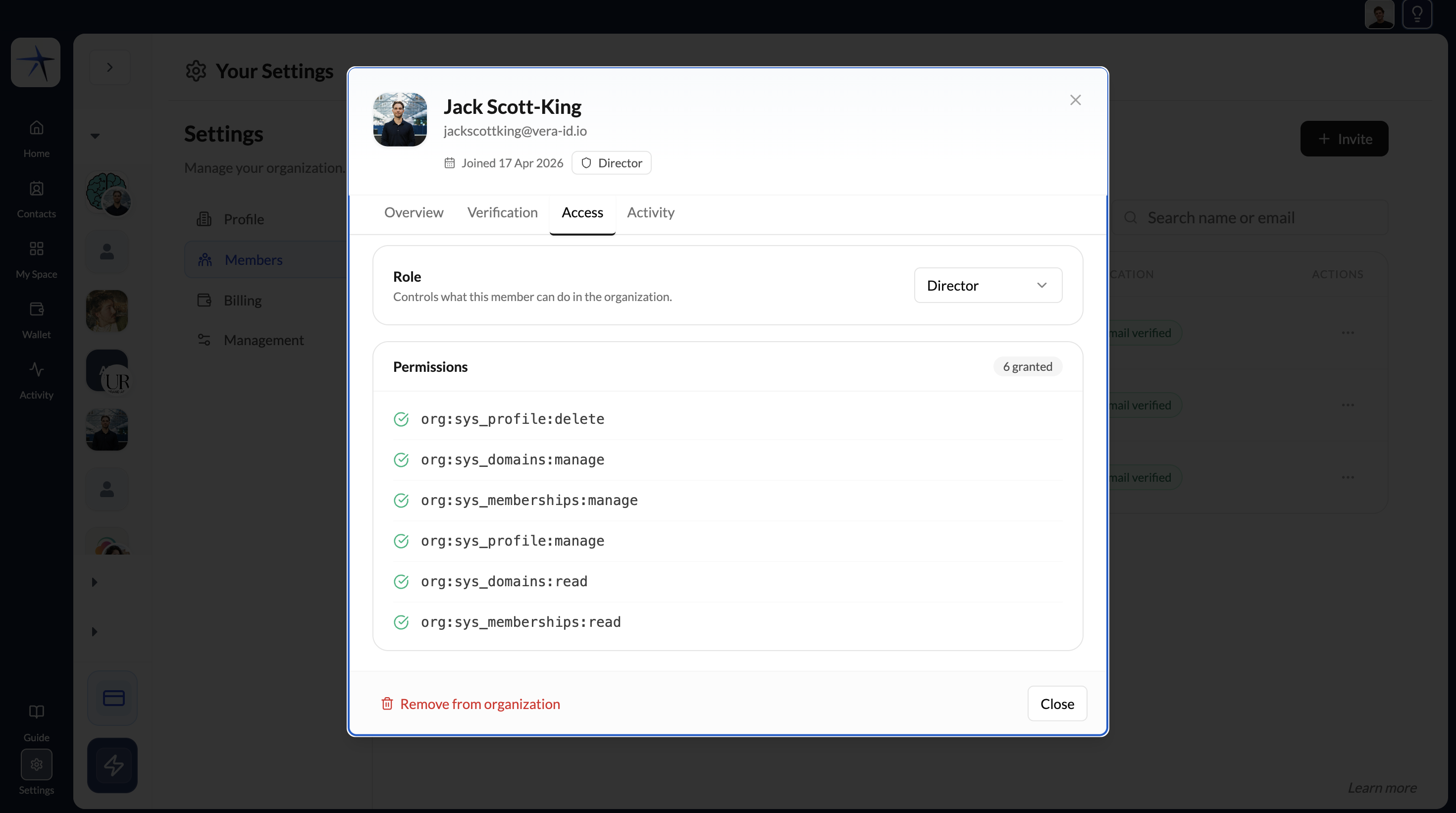Member profile modal on the Access tab showing the Director role and a list of granted permissions