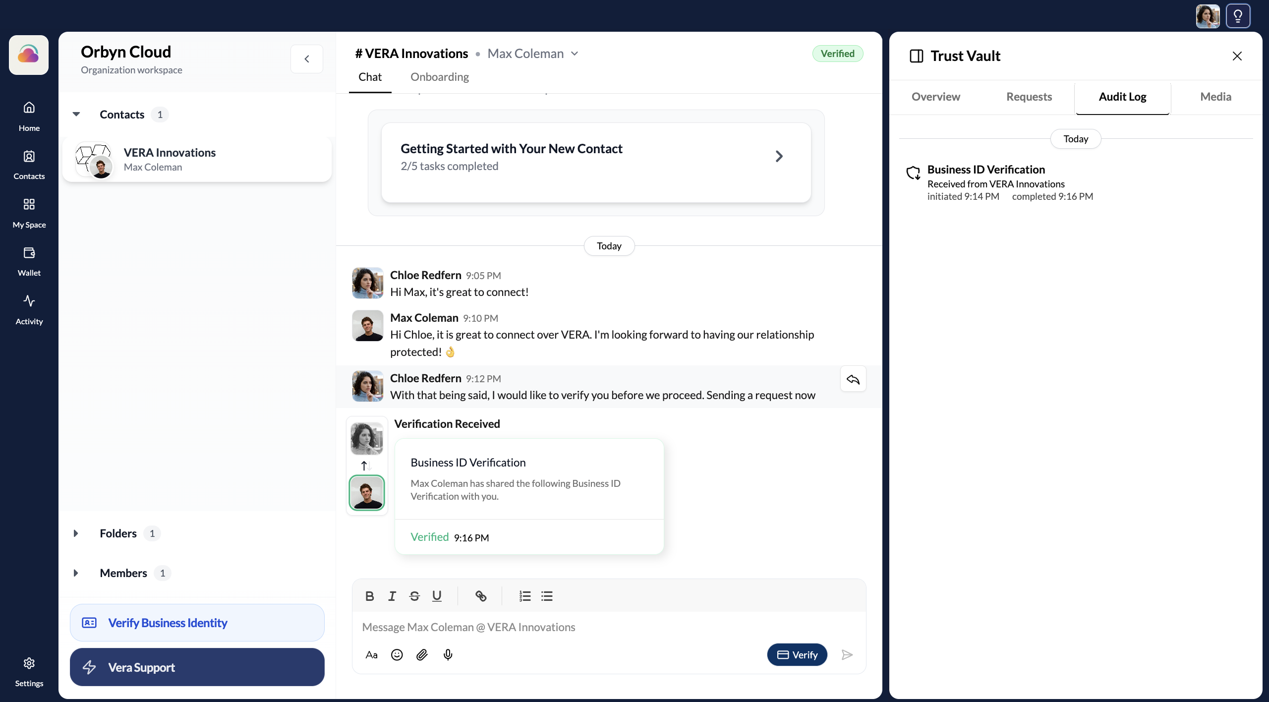 Audit Log tab showing verification events with timestamps