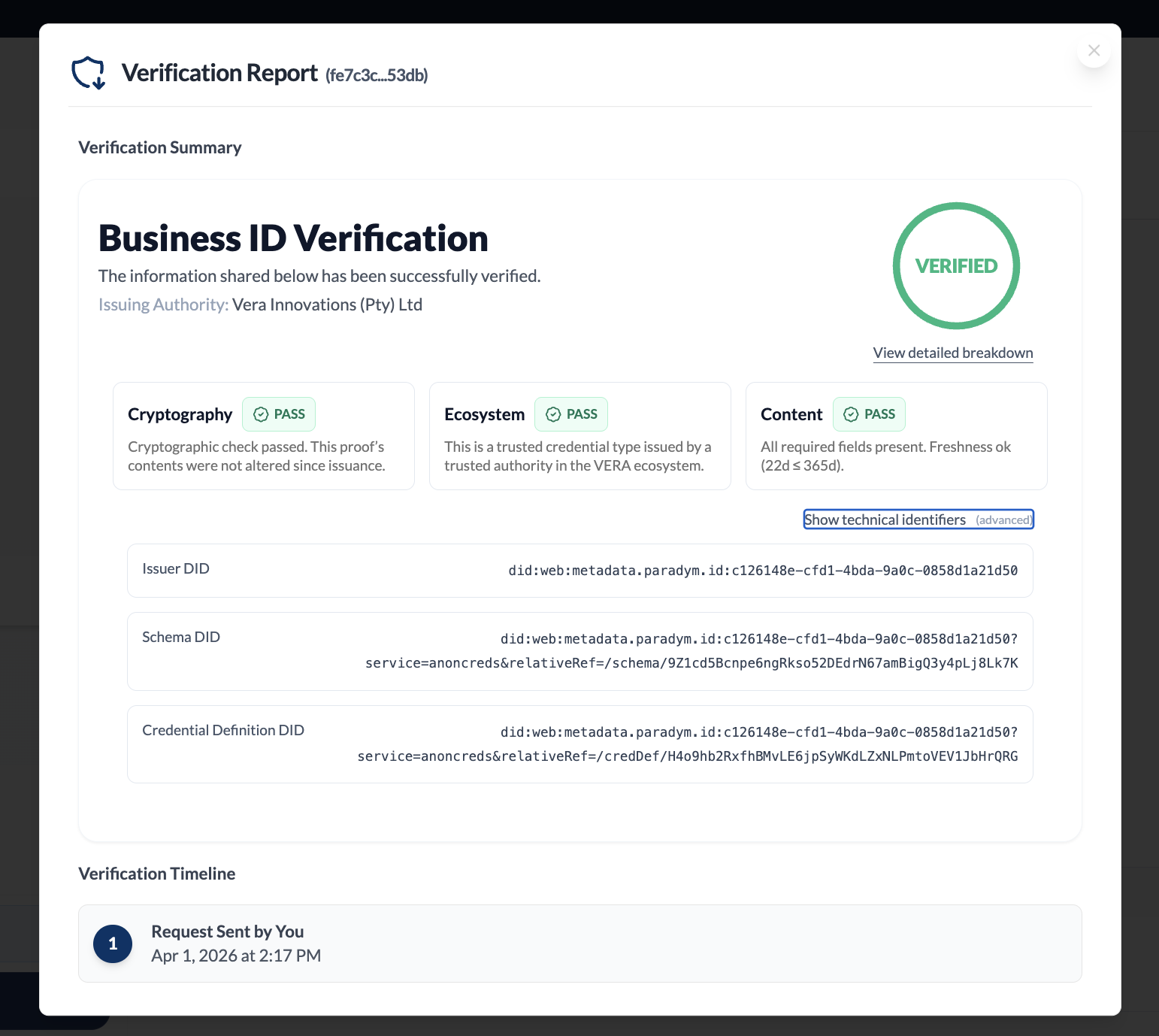 Technical identifiers panel showing Issuer DID, Schema DID, and Credential Definition DID